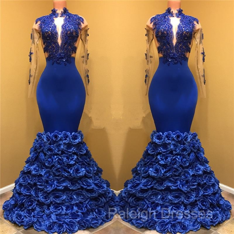 Gorgeous Royal Blue Prom Dresses Long Sleevess Evening Gowns with Rose Flowers