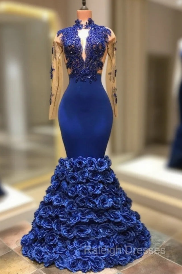Gorgeous Royal Blue Prom Dresses Long Sleevess Prom Gown with Rose Flowers