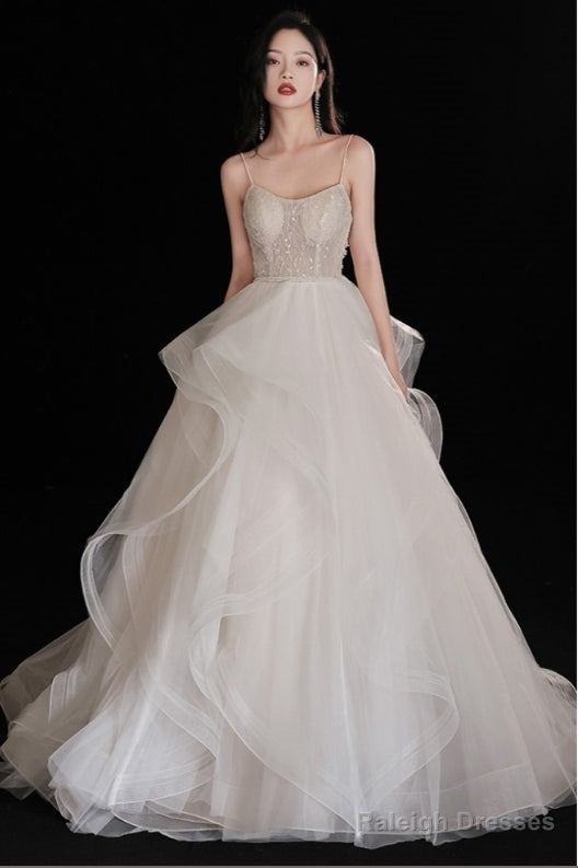 Gorgeous Ruffled Ballgown Tier Wedding Dress With Spaghetti Straps
