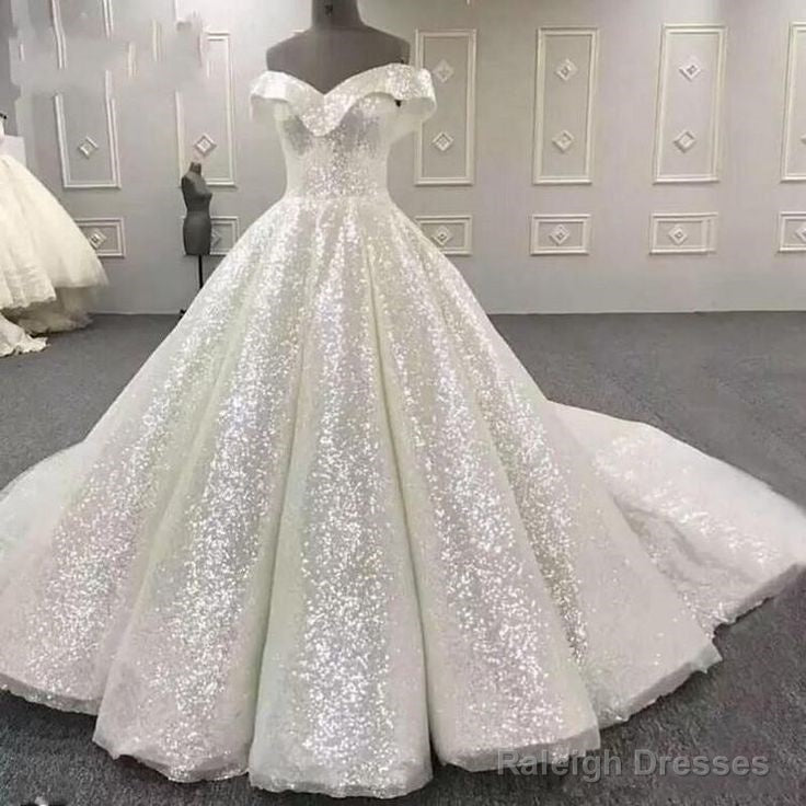 Gorgeous Sequin Wedding Dress White A-Line Off The Shoulder Bridal Gowns Main image