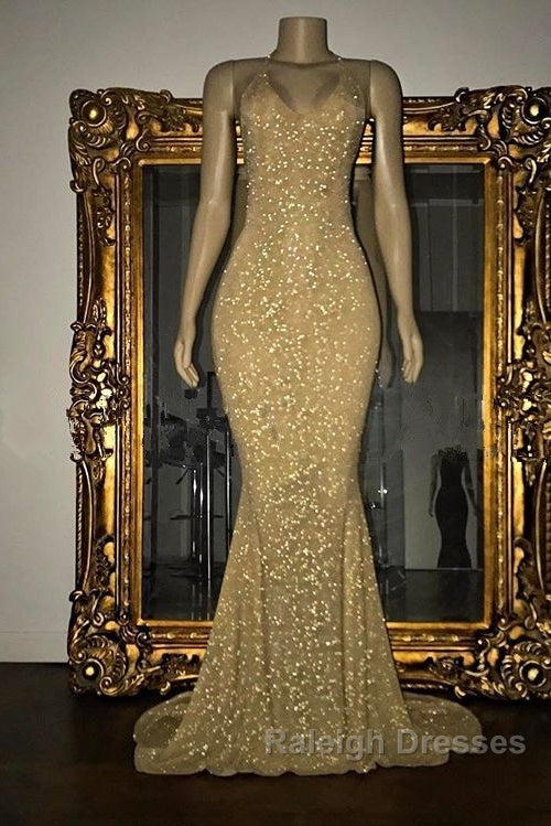 Gorgeous Sequined Mermaid Spaghetti-Strap Long Sleevesless Prom Party Gowns