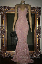 Gorgeous Sequined Mermaid Spaghetti-Strap Long Sleevesless Prom Party Gowns