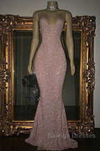 Gorgeous Sequined Mermaid Spaghetti-Strap Long Sleevesless Prom Party Gowns