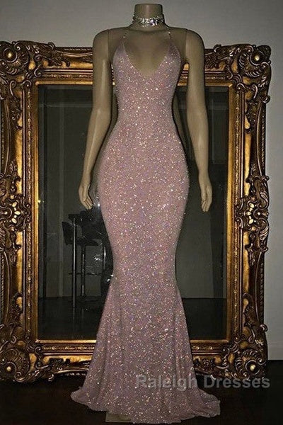Gorgeous Sequined Mermaid Spaghetti-Strap Long Sleevesless Prom Gowns