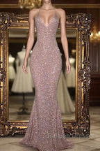 Gorgeous Sequined Mermaid Spaghetti-Strap Long Sleevesless Prom Party Gowns