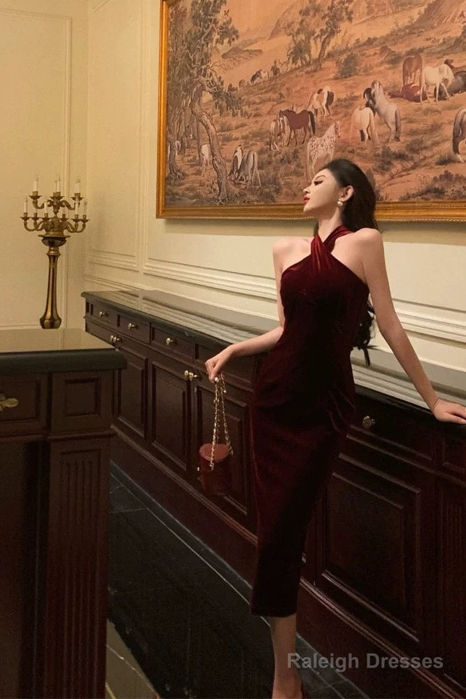 Gorgeous Sheath Halter Burgundy Date Night Dress Velvet Prom Dresses Party Dress Birthday Outfits Secondary image