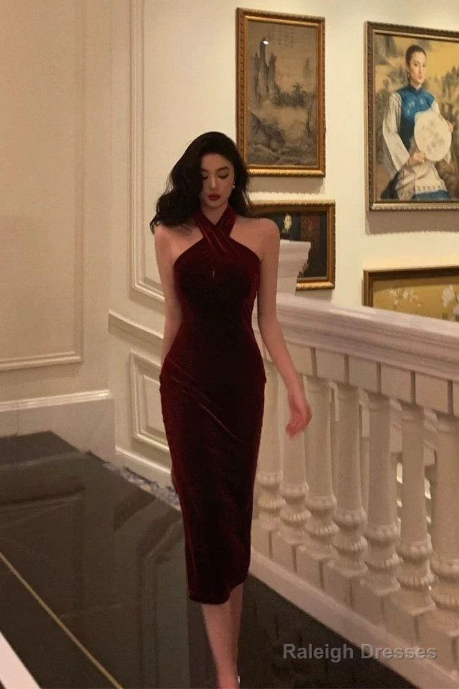 Gorgeous Sheath Halter Burgundy Date Night Dress Velvet Prom Dresses Party Dress Birthday Outfits Main image
