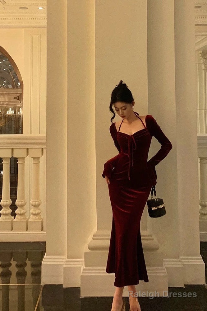 Gorgeous Sheath Halter Long Sleeves Burgundy Velvet Date Night Dresses Prom Dress Birthday Outfit
