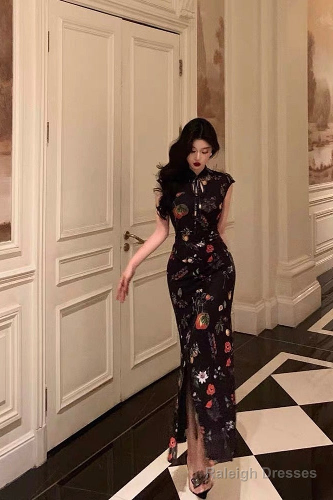 Gorgeous Sheath High Neckline Black Floral Date Night Dress Long Prom Dresses Birthday Outfits Main image