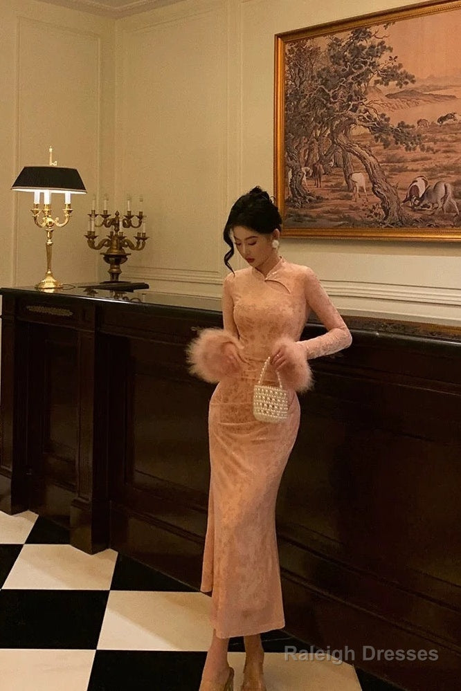 Gorgeous Sheath High Neckline Long Sleeves Pink Date Night Dress Long Prom Dresses Birthday Outfits Secondary image