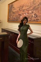 Gorgeous Sheath High Neckline Short Sleeves Green Date Night Dress Long Prom Dresses Birthday Outfits