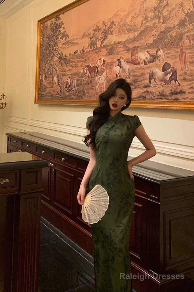 Gorgeous Sheath High Neckline Short Sleeves Green Date Night Dress Long Prom Dresses Birthday Outfits