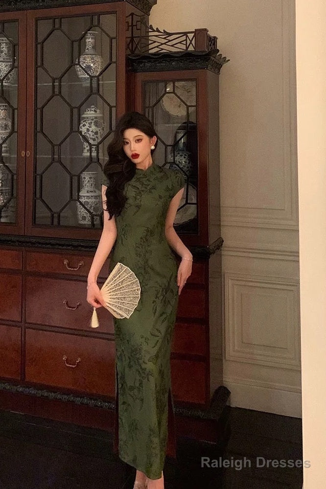 Gorgeous Sheath High Neckline Short Sleeves Green Date Night Dresses Prom Dress Long Birthday Outfits