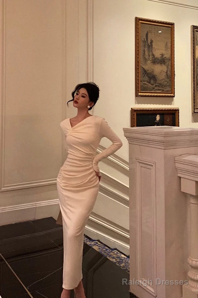 Gorgeous Sheath Long Sleeves Ivory Date Night Dresses Prom Dress Long Birthday Outfits