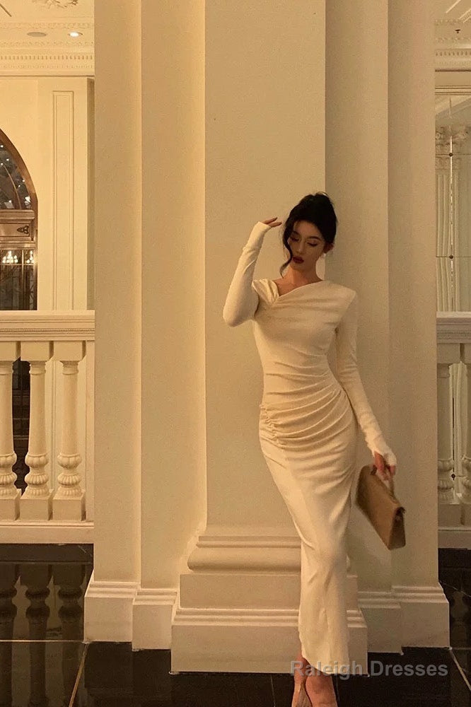 Gorgeous Sheath Long Sleeves Ivory Date Night Dresses Prom Dress Long Birthday Outfits