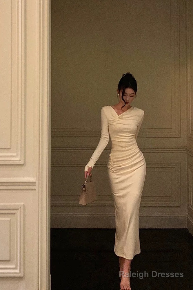 Gorgeous Sheath Long Sleeves Ivory Date Night Dress Long Prom Dresses Birthday Outfits Main image