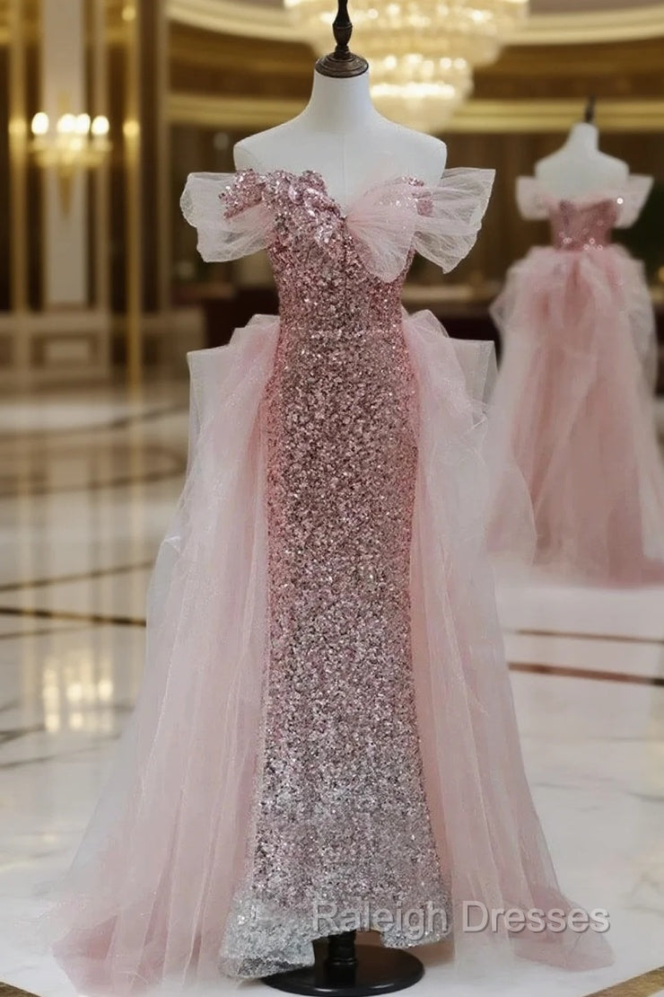 Gorgeous Sheath Off The Shoulder Pink Sequin Long Evening Dress Prom Dresses Birthday Outfits Main image