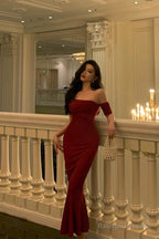 Gorgeous Sheath Off The Shoulder Short Sleeves Date Night Dress Red Prom Dresses Birthday Outfits