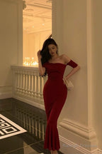 Gorgeous Sheath Off The Shoulder Short Sleeves Date Night Dresses Red Prom Dress Birthday Outfits
