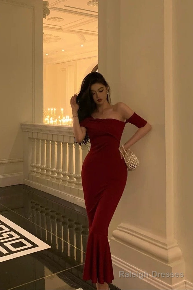 Gorgeous Sheath Off The Shoulder Short Sleeves Date Night Dresses Red Prom Dress Birthday Outfits