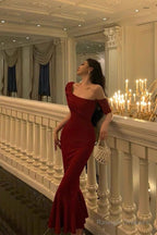 Gorgeous Sheath Off The Shoulder Short Sleeves Date Night Dress Red Prom Dresses Birthday Outfits