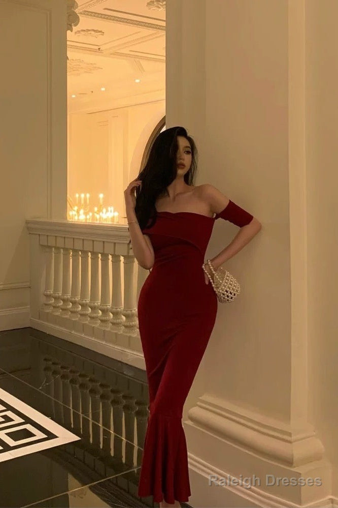 Gorgeous Sheath Off The Shoulder Short Sleeves Date Night Dress Red Prom Dresses Birthday Outfits Main image