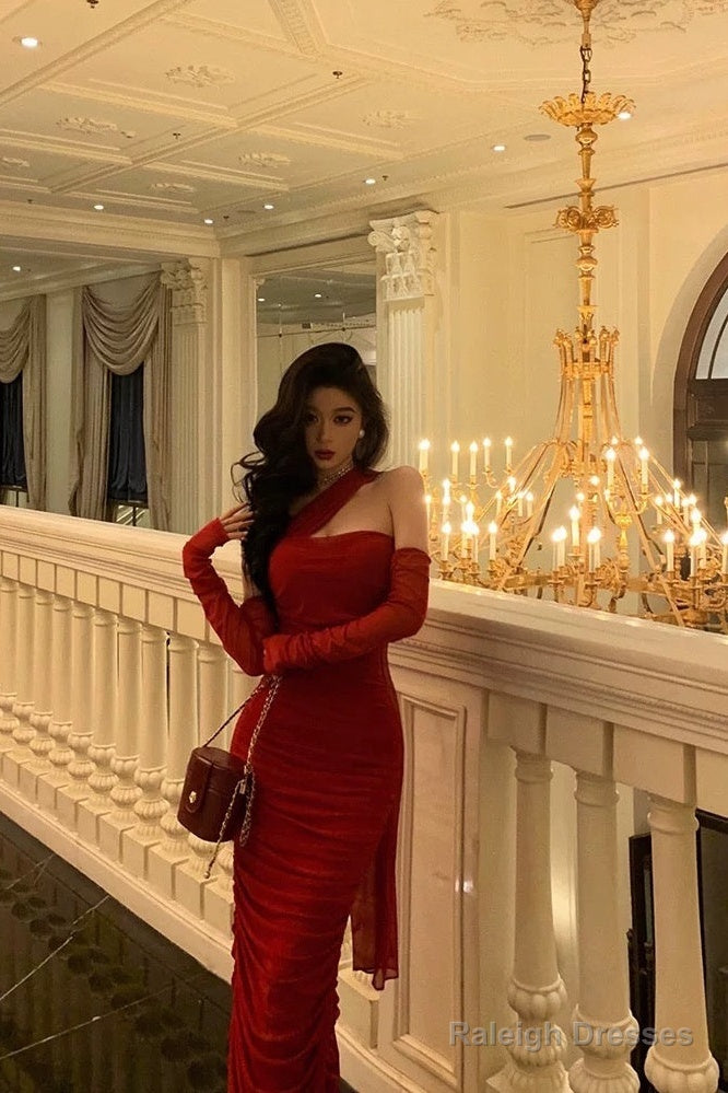 Gorgeous Sheath One Shoulder Sleeveless Date Night Dress Red Ruffle Prom Dresses Birthday Outfits