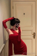 Gorgeous Sheath One Shoulder Sleeveless Date Night Dress Red Ruffle Prom Dresses Birthday Outfits