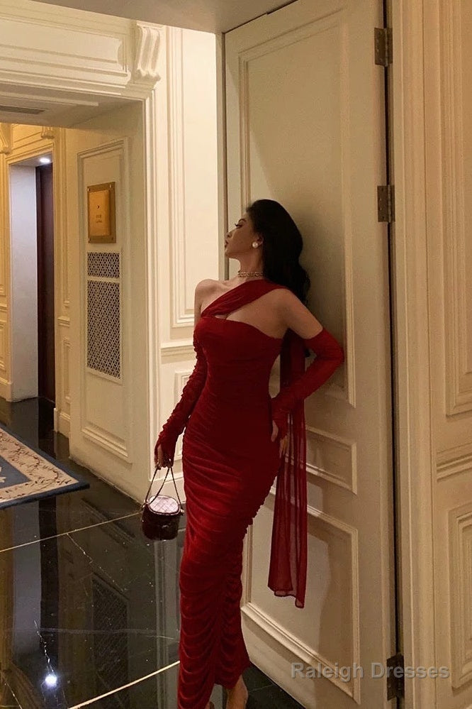 Gorgeous Sheath One Shoulder Sleeveless Date Night Dress Red Ruffle Prom Dresses Birthday Outfits