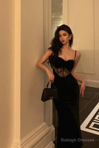 Gorgeous Sheath Spaghetti Straps Black Lace Date Night Dresses Prom Dress Long Birthday Outfits