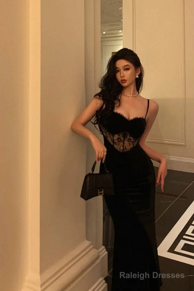 Gorgeous Sheath Spaghetti Straps Black Lace Date Night Dresses Prom Dress Long Birthday Outfits
