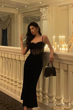 Gorgeous Sheath Spaghetti Straps Black Lace Date Night Dresses Prom Dress Long Birthday Outfits
