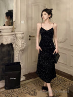 Gorgeous Sheath Spaghetti Straps Black Sequin Prom Dress Birthday Outfits