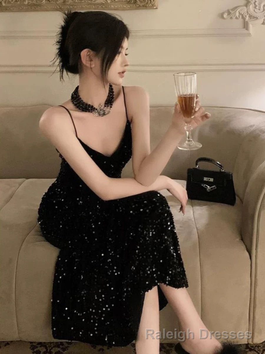 Gorgeous Sheath Spaghetti Straps Black Sequin Evening Dress Prom Dresses Birthday Outfits