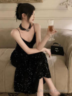 Gorgeous Sheath Spaghetti Straps Black Sequin Prom Dress Birthday Outfits