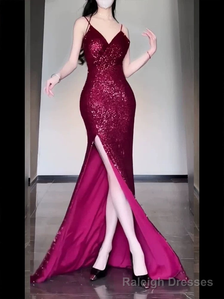 Gorgeous Sheath Spaghetti Straps Burgundy Sequin Long Evening Dress Prom Dresses Birthday Outfits Secondary image
