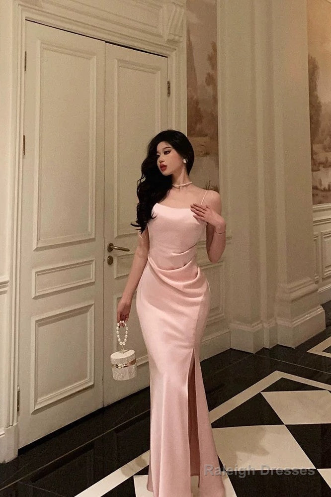 Gorgeous Sheath Spaghetti Straps Long Pink Slit Satin Date Night Dress Prom Dresses Birthday Outfit Main image
