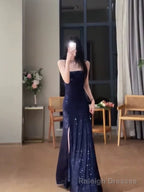 Gorgeous Sheath Spaghetti Straps Navy Blue Sequin Evening Dress Prom Dresses Birthday Outfits
