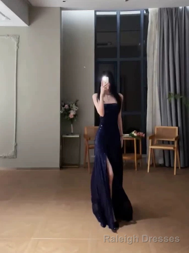 Gorgeous Sheath Spaghetti Straps Navy Blue Sequin Evening Dress Prom Dresses Birthday Outfits Main image