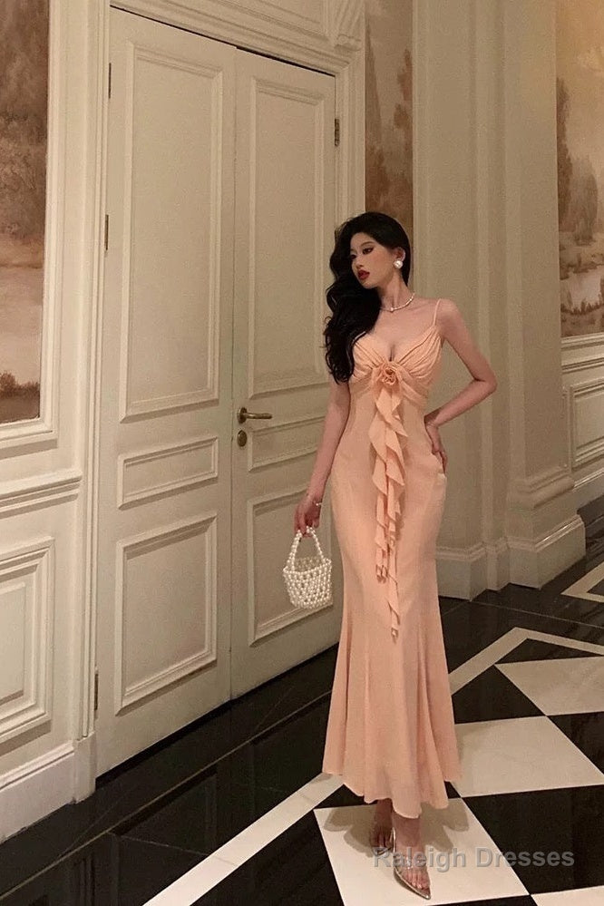 Gorgeous Sheath Spaghetti Straps Pink Chiffon Date Night Dress Long Prom Dresses Birthday Outfits