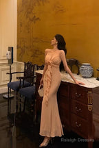 Gorgeous Sheath Spaghetti Straps Pink Chiffon Date Night Dress Long Prom Dresses Birthday Outfits