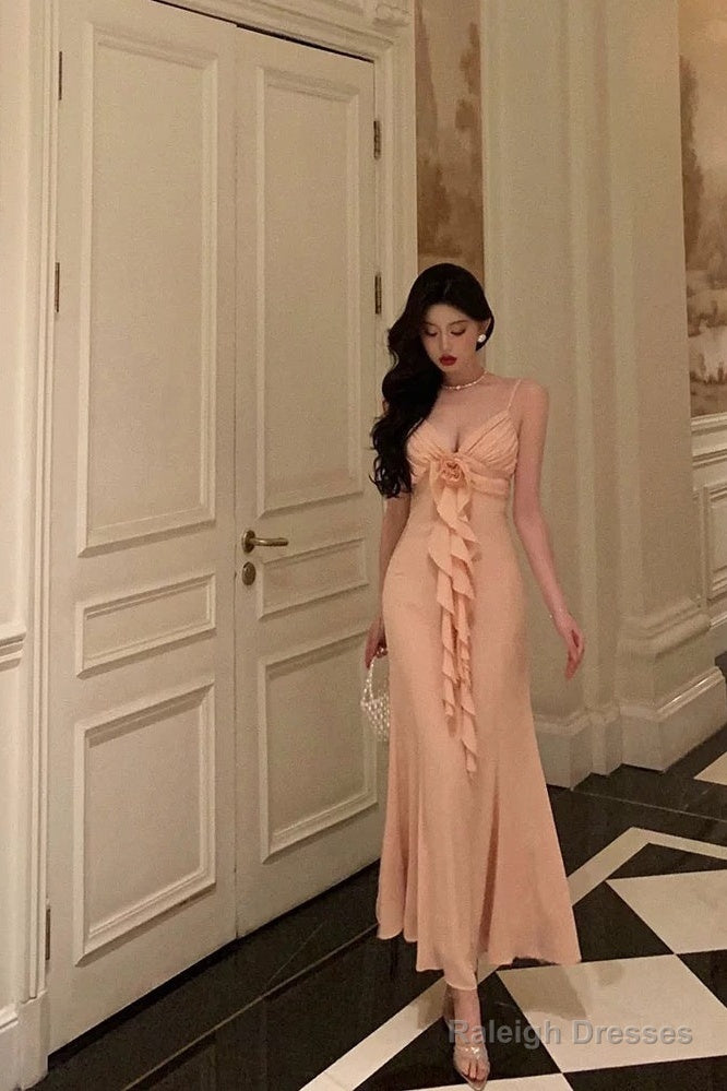 Gorgeous Sheath Spaghetti Straps Pink Chiffon Date Night Dress Long Prom Dresses Birthday Outfits Main image