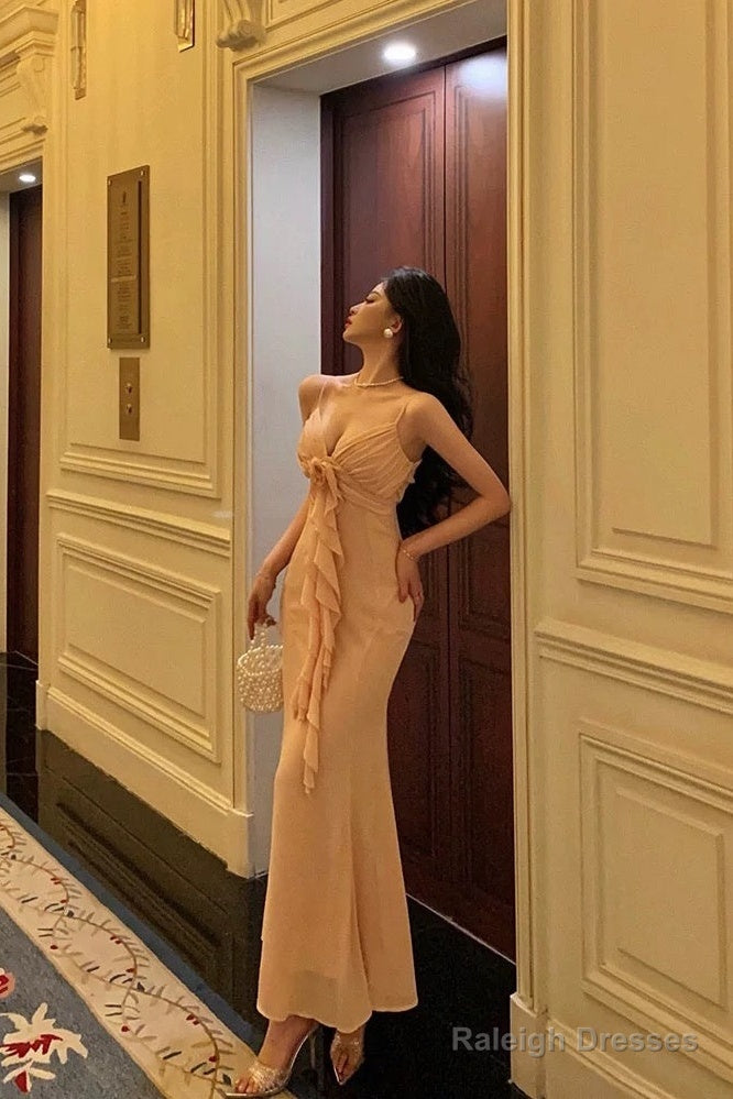 Gorgeous Sheath Spaghetti Straps Pink Chiffon Date Night Dress Prom Dresses Birthday Outfits