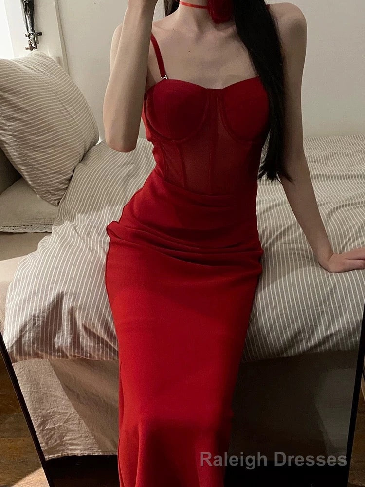 Gorgeous Sheath Spaghetti Straps Red Satin Evening Dress Prom Dresses Birthday Outfits Main image