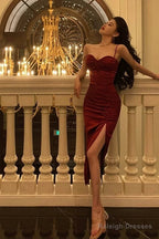 Gorgeous Sheath Spaghetti Straps Red Sleeveless Velvet Date Night Dress Prom Dresses Birthday Outfit