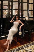 Gorgeous Sheath Spaghetti Straps White Satin Date Night Dress Long Prom Dresses Birthday Outfits