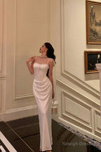 Gorgeous Sheath Spaghetti Straps White Satin Date Night Dress Long Prom Dresses Birthday Outfits