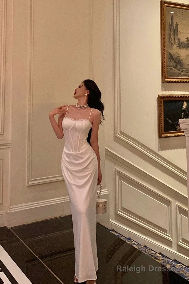 Gorgeous Sheath Spaghetti Straps White Satin Date Night Dress Long Prom Dresses Birthday Outfits