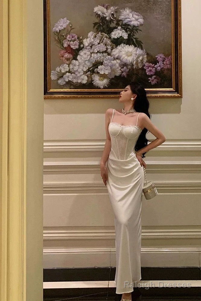 Gorgeous Sheath Spaghetti Straps White Satin Date Night Dress Long Prom Dresses Birthday Outfits