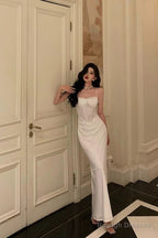 Gorgeous Sheath Spaghetti Straps White Satin Date Night Dress Long Prom Dresses Birthday Outfits